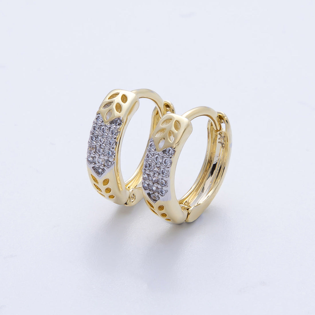 14K Gold Filled 13.5mm Micro Paved CZ Filigree Mixed Metal Huggie Earrings | Earrings-00061