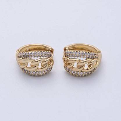 14K Gold Filled 17.5mm Micro Paved CZ Curb Chain Huggie Earrings | Earrings-00144