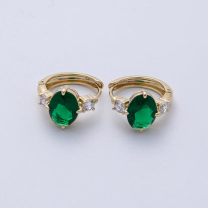 14K Gold Filled 15mm Clear, Green, Red Oval Solitaire CZ Huggie Earrings | Earrings-00145 ~ Earrings-00147