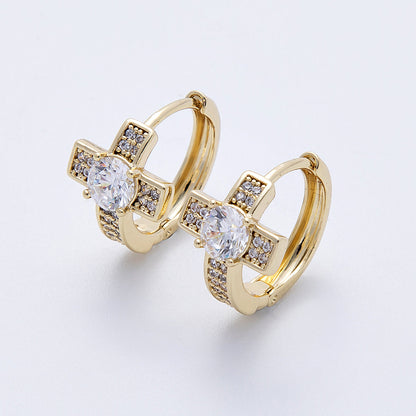 14K Gold Filled 17.5mm Micro Paved CZ Cross Huggie Earrings | Earrings-00178