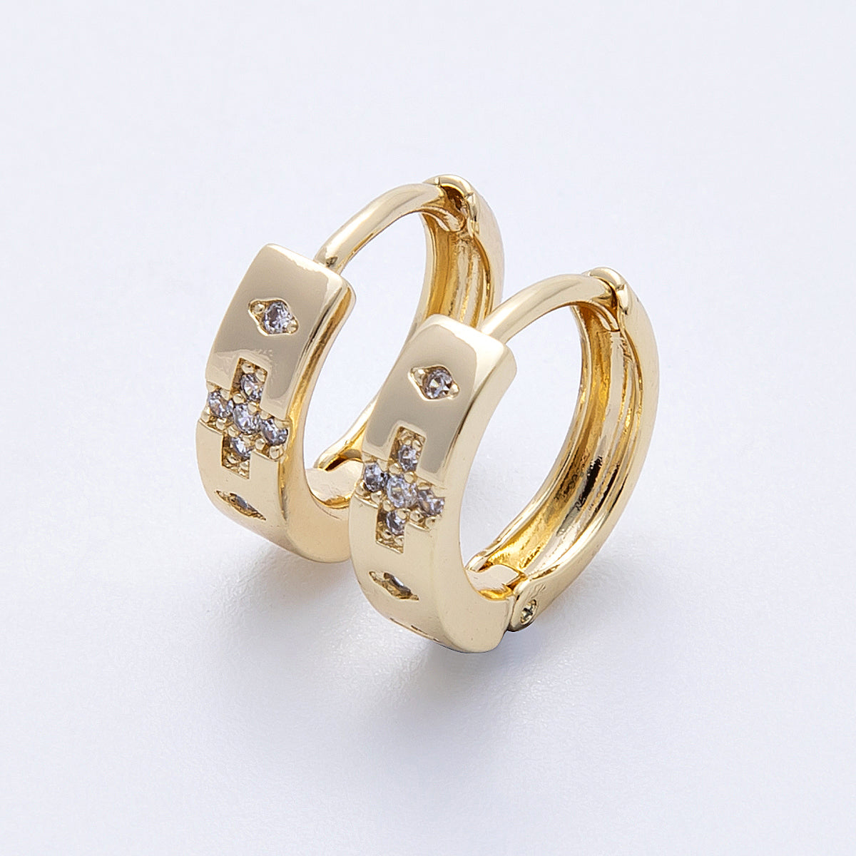 14K Gold Filled 13mm Clear CZ Dotted Cross Cartilage Huggie Earrings | Earrings-00179