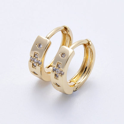 14K Gold Filled 13mm Clear CZ Dotted Cross Cartilage Huggie Earrings | Earrings-00179