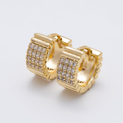 14K Gold Filled 13.5mm Micro Paved CZ Ribbed Rows Geometric Huggie | Earrings-00263