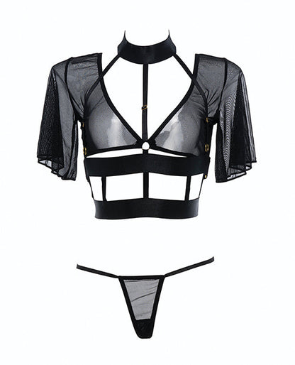 Adore Dreamer Sheer Mesh Strappy Top &amp; Thong Black O/S