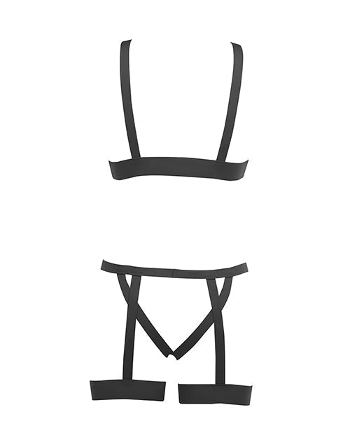 Kitten Teaser Strappy Open Cup Bra &amp; Open Panty w/Leg Straps Black O/S