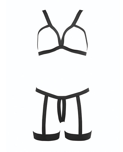 Kitten Teaser Strappy Open Cup Bra &amp; Open Panty w/Leg Straps Black O/S