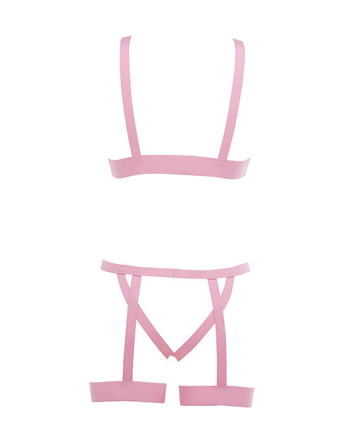 Kitten Teaser Strappy Open Cup Bra &amp; Open Panty w/Leg Straps Pink O/S