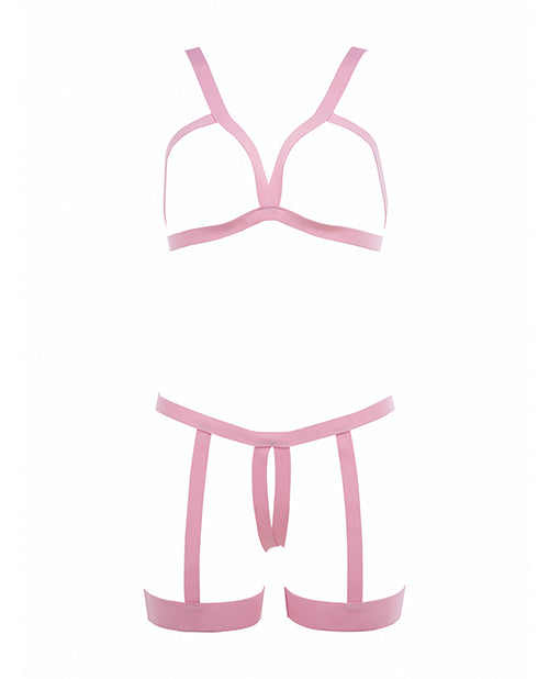 Kitten Teaser Strappy Open Cup Bra &amp; Open Panty w/Leg Straps Pink O/S