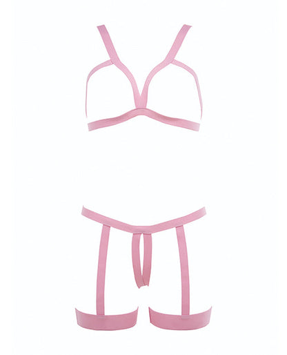 Kitten Teaser Strappy Open Cup Bra &amp; Open Panty w/Leg Straps Pink O/S