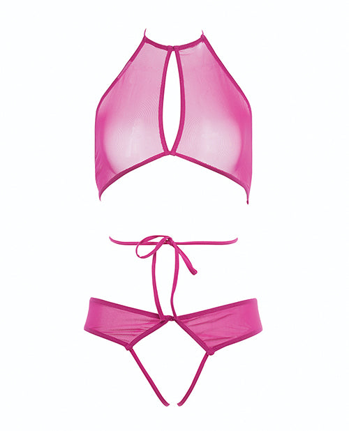 Allure Marley Mesh Peek A Boo Top &amp; Open Panty Hot Pink L/XL