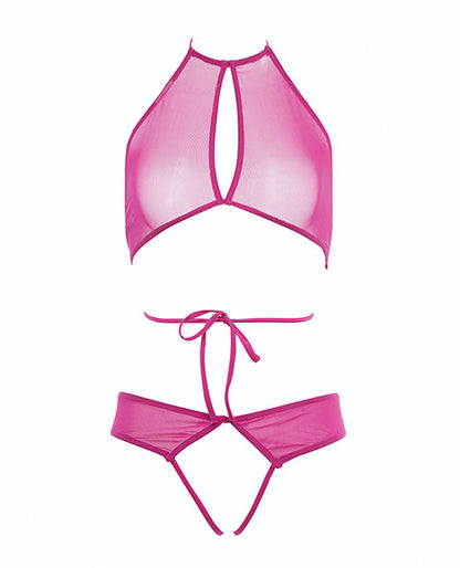 Allure Marley Mesh Peek A Boo Top &amp; Open Panty Hot Pink L/XL
