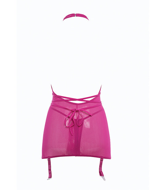 Allure Savannah Sheer Mesh Garter Dress &amp; Open Thong Hot Pink S/M