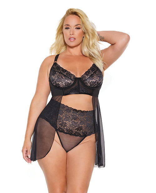Scallop Stretch Lace &amp; Sheer Mesh Babydoll &amp; High Waist Thong Black 3X/4X