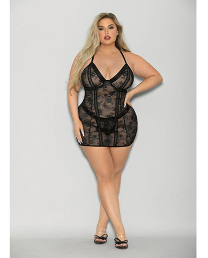Flame Fetish Boss Lady Lace Up Back Chemise &amp; Wide Band Thong Black 1X/2X