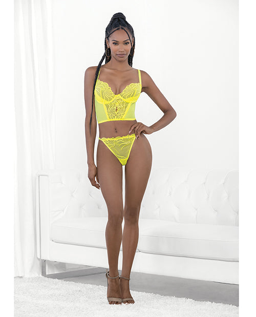 Neon Lace Corset Top w/Ring Accent &amp; Panty Neon Lime MD