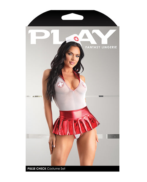 Play Pulse Check Collared Teddy w/Open Back, Pleated Skirt, Medic Hat &amp; Pasties Red/White L/XL