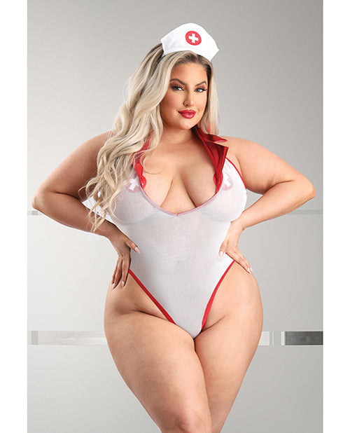 Play Pulse Check Collared Teddy w/Open Back, Pleated Skirt, Medic Hat &amp; Pasties Red/White 1X/2X