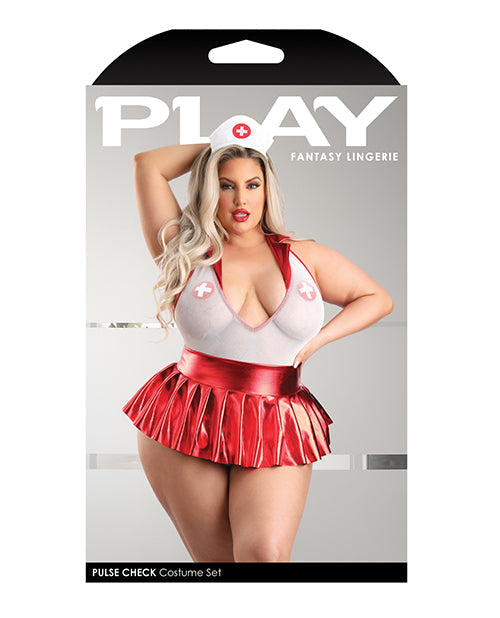 Play Pulse Check Collared Teddy w/Open Back, Pleated Skirt, Medic Hat &amp; Pasties Red/White 3X/4X