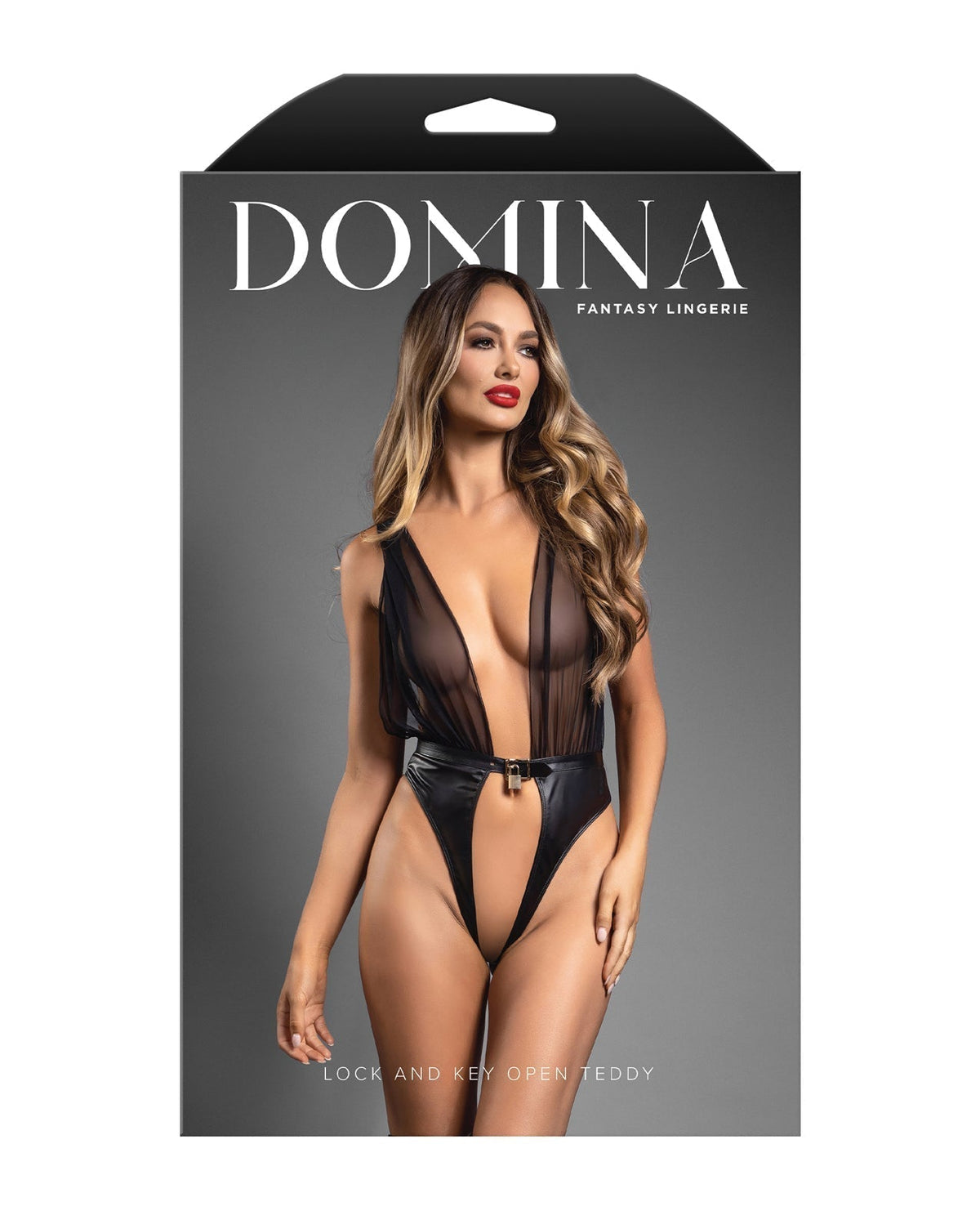 Domina Plunge Front Sheer Mesh &amp; Vegan Leather Teddy w/Lock &amp; Key - Black S/M