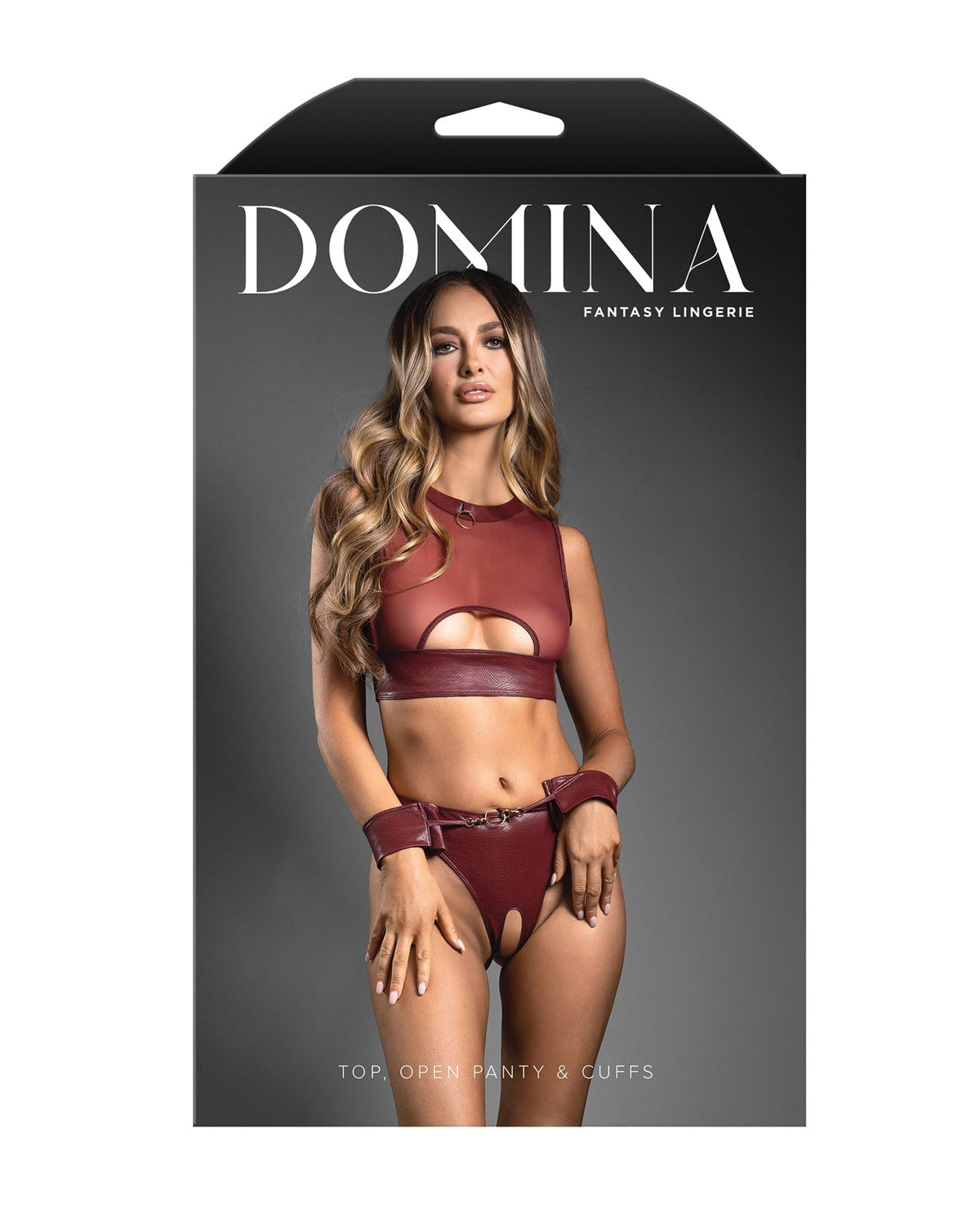 Domina Sheer Mesh &amp; Vegan Leather 3 pc Set w/Crotchless Panty &amp; Handcuffs - Burgundy S/M