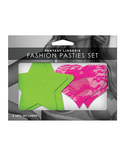Fantasy UV Reactive Neon Star &amp; Lace Heart Pasties - Green &amp; Pink O/S Pack of 2