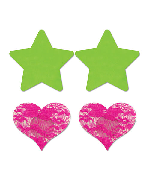 Fantasy UV Reactive Neon Star &amp; Lace Heart Pasties - Green &amp; Pink O/S Pack of 2