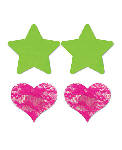 Fantasy UV Reactive Neon Star &amp; Lace Heart Pasties - Green &amp; Pink O/S Pack of 2