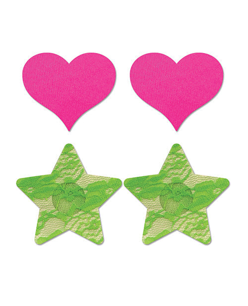 Fantasy UV Reactive Neon Heart &amp; Lace Star Pasties - Pink &amp; Green O/S Pack  of 2