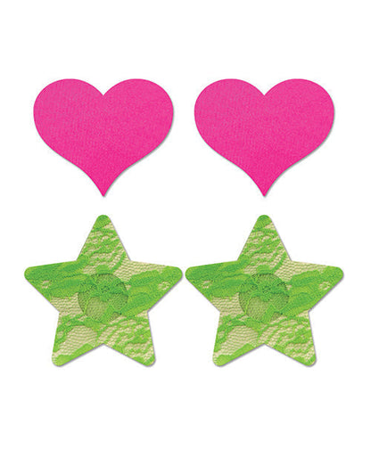 Fantasy UV Reactive Neon Heart &amp; Lace Star Pasties - Pink &amp; Green O/S Pack  of 2