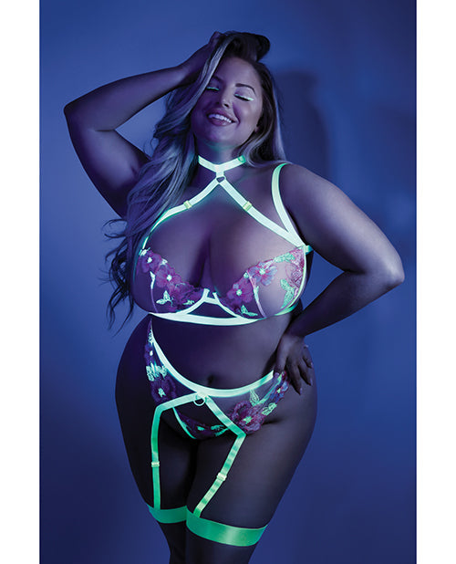 Glow Black Light Embroidered Harness Bra, Leg Garterbelt &amp; G-String Neon Chartreuse QN