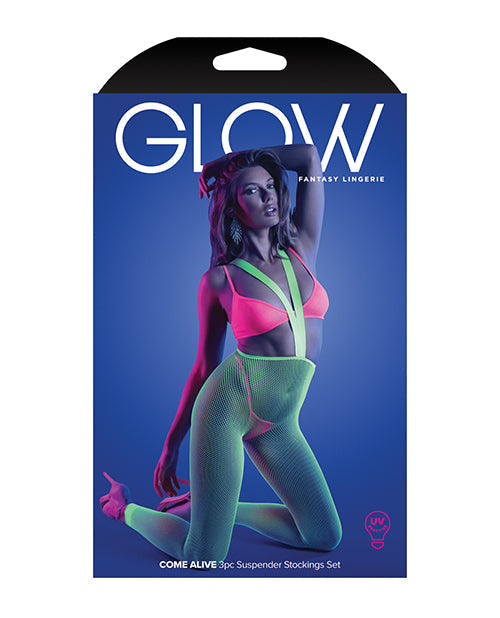 Glow Come Alive Suspender Stockings, Bralette &amp; G-String Multi Color O/S