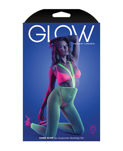 Glow Come Alive Suspender Stockings, Bralette &amp; G-String Multi Color O/S