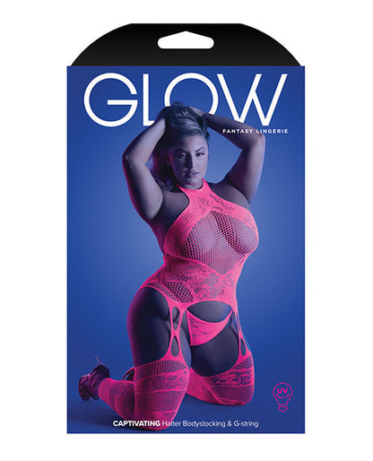 Glow Captivating Halter Bodystocking &amp; G-String Neon Pink QN