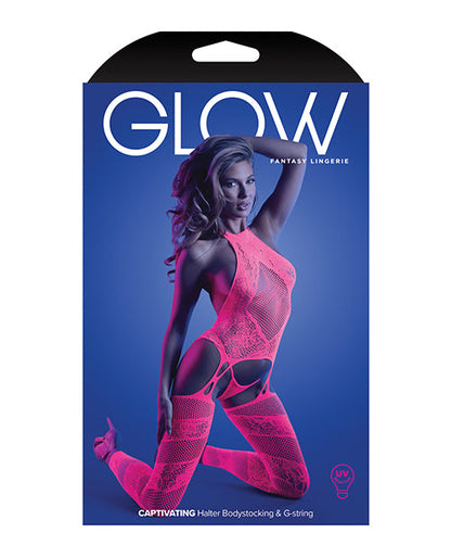 Glow Captivating Halter Bodystocking &amp; G-String Neon Pink O/S