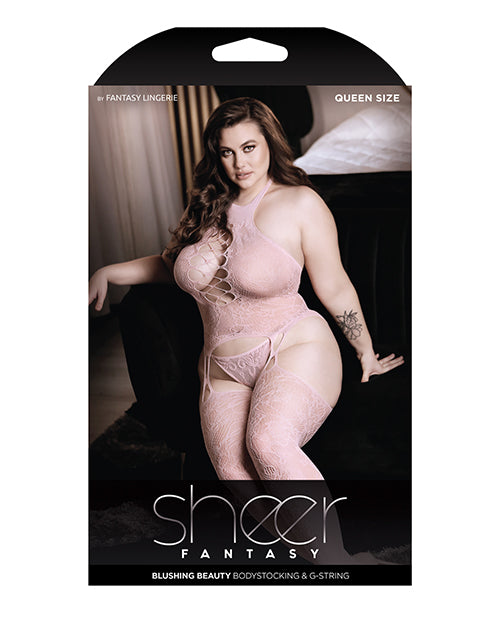 Sheer Fantasy High Neck Floral Lace Gartered Bodystocking &amp; Panty Light Pink QN