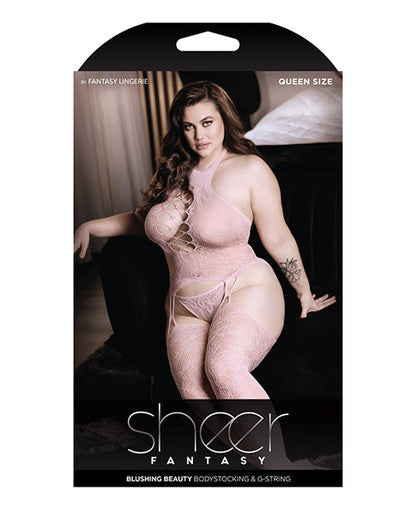 Sheer Fantasy High Neck Floral Lace Gartered Bodystocking &amp; Panty Light Pink QN