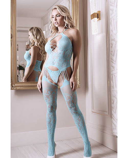 Sheer Fantasy Halter Neck Floral Lace Gartered Bodystocking &amp; Panty Light Blue O/S