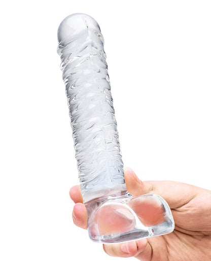 Glas 8" Big Dildo | Ribbed Realistic Dildo | G-Spot Glass Dildo with Balls | Clear Large Dildo