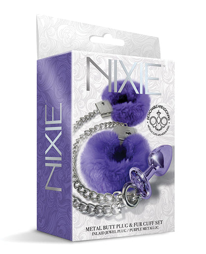 Nixie Metal Butt Plug w/Inlaid Jewel &amp; Fur Cuff Set - Purple Metallic