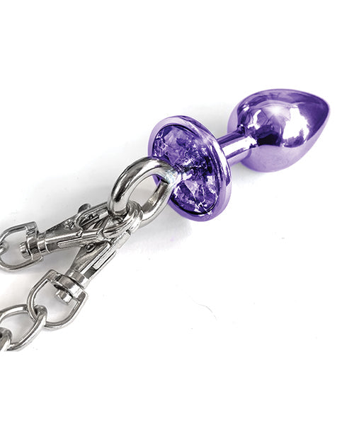Nixie Metal Butt Plug w/Inlaid Jewel &amp; Fur Cuff Set - Purple Metallic