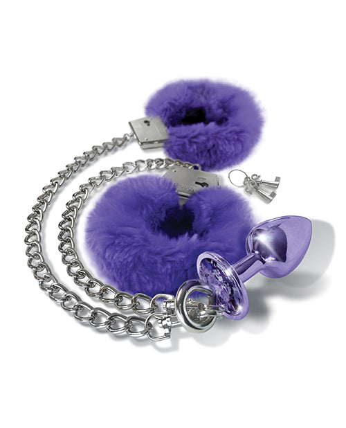 Nixie Metal Butt Plug w/Inlaid Jewel &amp; Fur Cuff Set - Purple Metallic