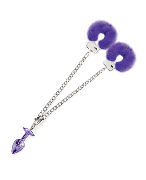 Nixie Metal Butt Plug w/Inlaid Jewel &amp; Fur Cuff Set - Purple Metallic