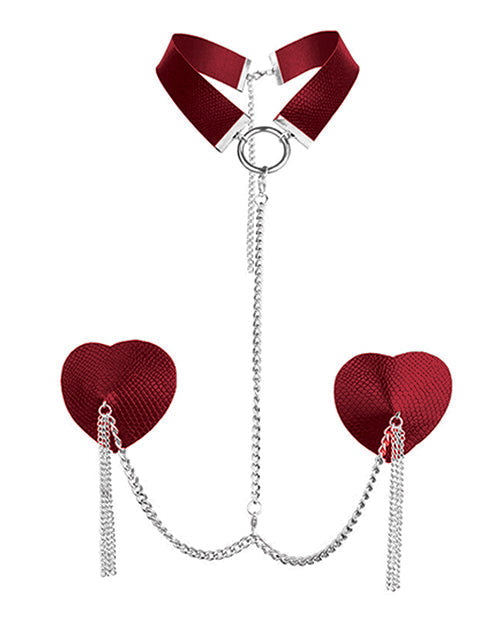 Nipplicious Dominatrix Leather Collar &amp; Pasties w/Chain - Red