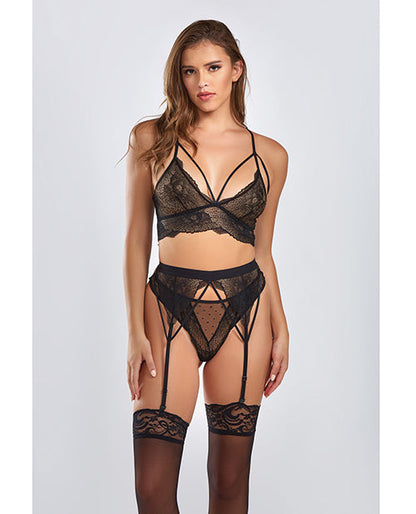 Everly Dot Mesh &amp; Galloon Lace Strappy Bra, Garterbelt &amp; Hipster Panty Black 1X