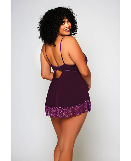 Cross Dye Lace &amp; Microfiber Babydoll &amp; G-String Purple 3X
