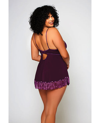 Cross Dye Lace &amp; Microfiber Babydoll &amp; G-String Purple 3X