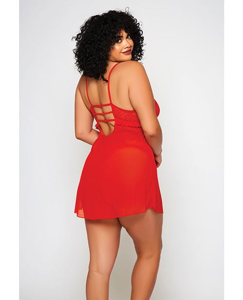 Galloon Lace &amp; Fine Mesh Babydoll &amp; G-String Red 1X