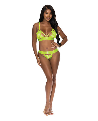 Strap-Tease Bra &amp; Crotchless Panty Neon Yellow S/M