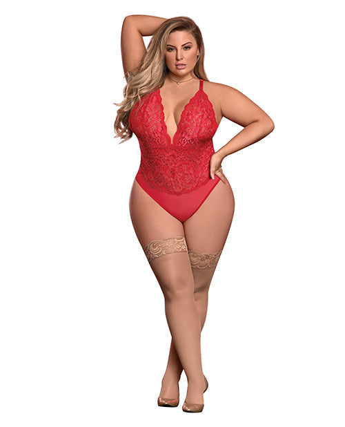 Risque Business Lace &amp; Mesh Teddy w/Snap Crotch Red QN