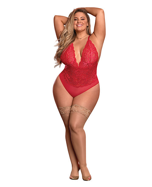 Risque Business Lace &amp; Mesh Teddy w/Snap Crotch Red QN